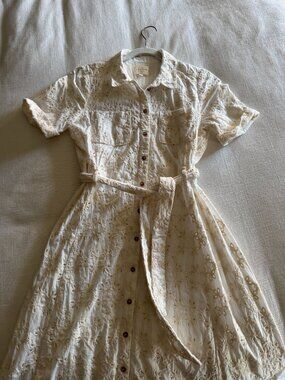 Sézane Adèle Dress Ecru Eyelet Broderie Anglaise Belted Shirt Dress Size 38
